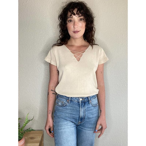 Vintage Tops - Vintage Cream Lace Up Flutter Sleeve Blouse